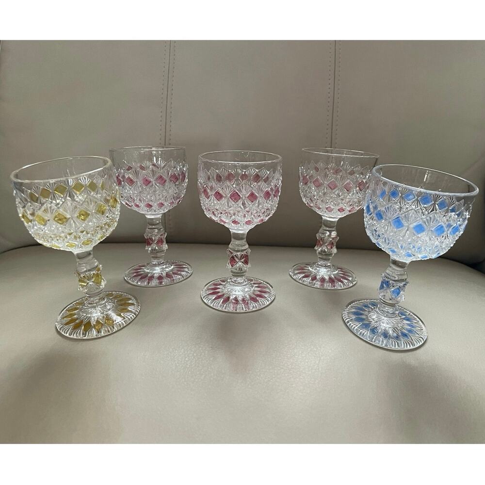 Antique 1890s Rainbow Cordial Set - EAPG King Glass - Set of 5 - Jewel Tones